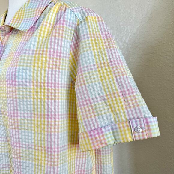 American Sweetheart Shirt Womens XL White Pastel Plaid Easter Seersucker Button - Picture 2 of 14